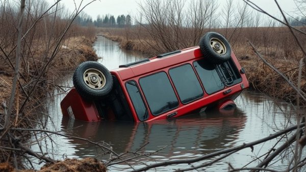Heroic Canal Rescue Incident: Overturned red vehicle partly submerged in a canal.