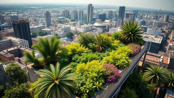 Green roofs in cities with lush greenery overlooking an urban skyline.