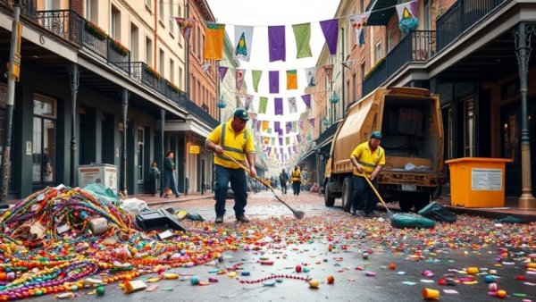 Mardi Gras Clean-Up scene with workers and colorful debris