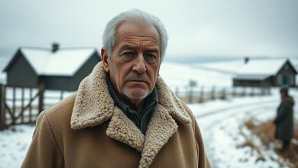 Farmer in snowy field, firm expression, wearing shearling jacket.