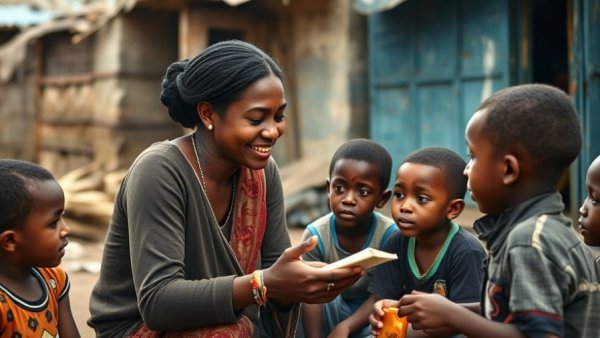 Educator transforms slums into a vibrant classroom with children actively learning.