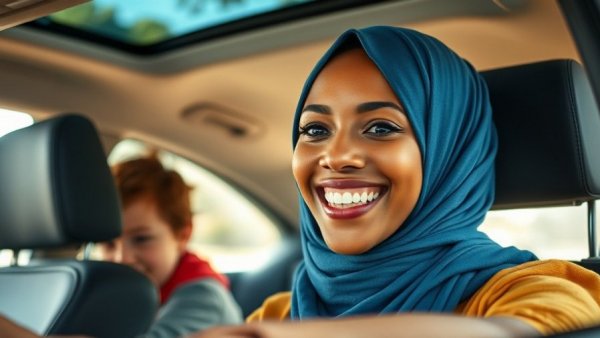 Cheerful woman in car with child, Aandhi Gaon zero waste context.