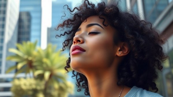 Young woman enjoying sunlight, urban setting, online image-based abuse protection