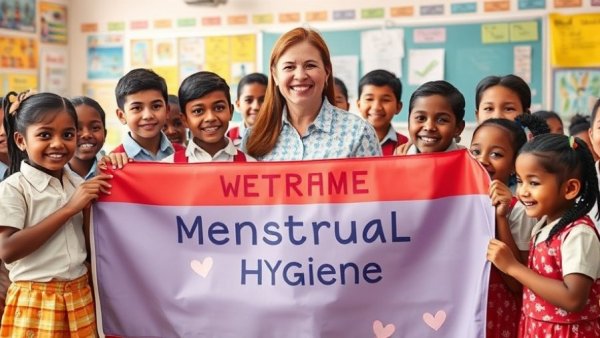 Group of schoolchildren with banner raising awareness on menstrual hygiene.