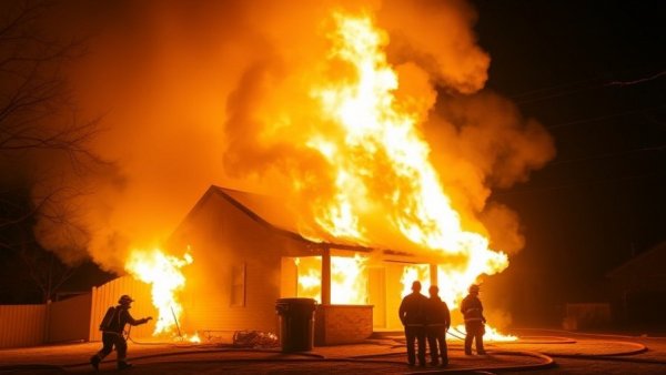 Intense fire scene at night with house engulfed in flames, firefighters present.