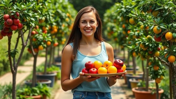 Woman with fruits in a garden of low-maintenance fruit trees in pots.