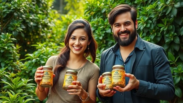 Reviving Authentic Nolen Gur: Man and woman in garden holding jars.