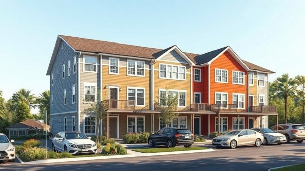 Exterior view of modern affordable housing complex with cars, Texas food bank affordable housing.
