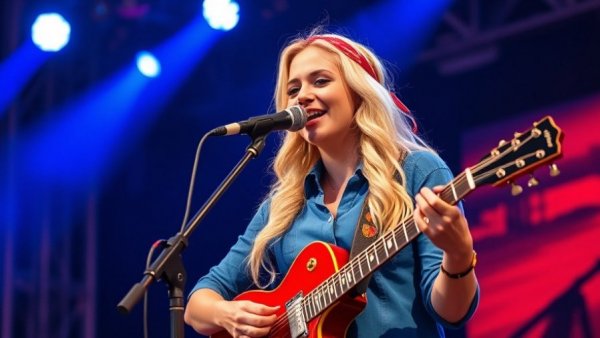 Blonde female singer at Brandi Carlile concert for immigrant legal aid, vibrant blue lighting.