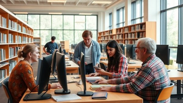 Teens teaching seniors technology in bright library with computers.