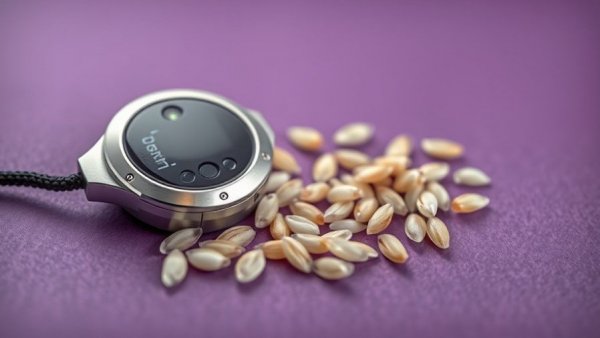 World's smallest pacemaker next to rice grains on purple.