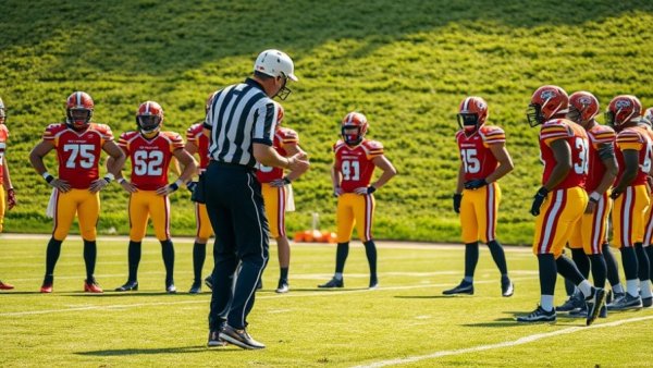 Football game pauses as player bends down on field.