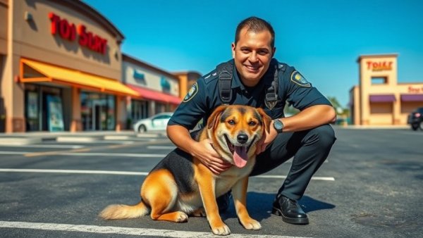 Officer and rescued dog in front of shops, sunny day.