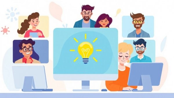 Illustrated virtual team exchanging ideas, building high-quality connections.