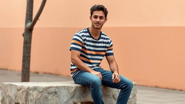 Casual young man sitting outside with a relaxed expression.
