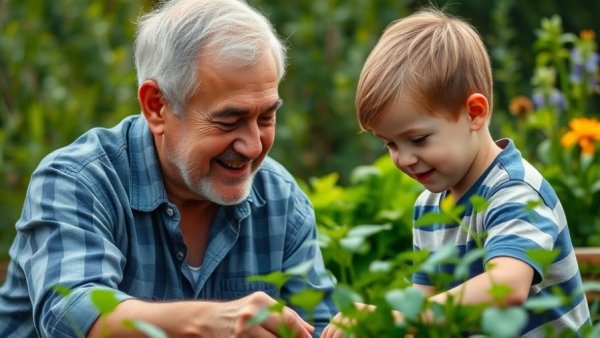 Older man and young boy gardening, illustrating childhood wisdom for entrepreneurs.