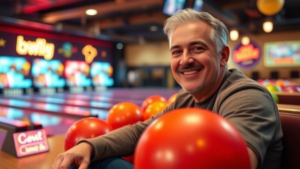 Man at bowling alley promoting kid's bowling league