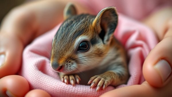 Newborn squirrel in gentle care, inmates wildlife rehabilitation program.