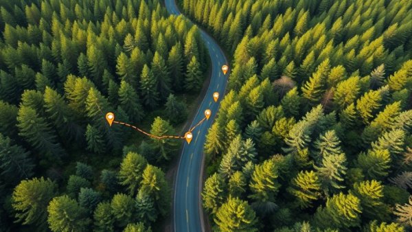Scenic forest route with map pins, illustrating sustainable last mile delivery.