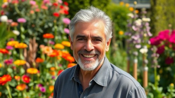 Middle-aged man smiling outdoors in a garden setting