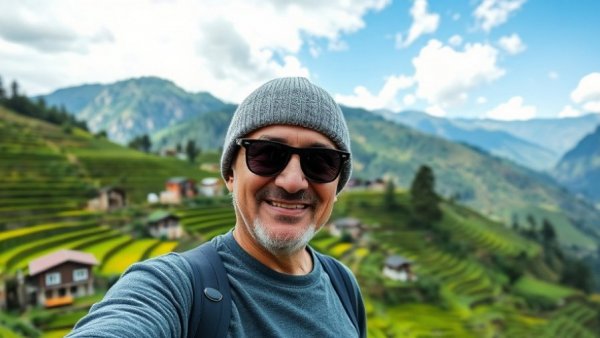 Local guide at eco-tourism homestay in Himachal Pradesh, scenic mountain view