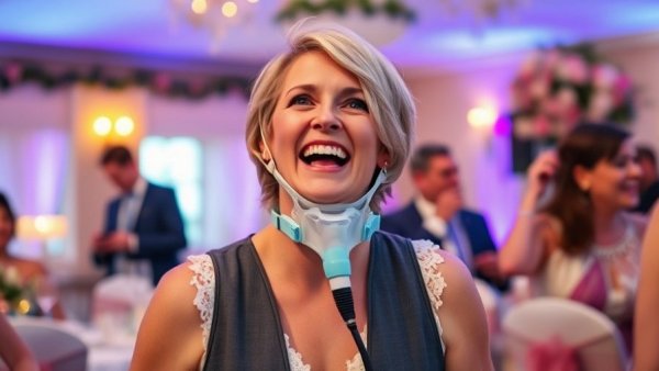 Bride with cystic fibrosis enjoying wedding, wearing therapy vest.