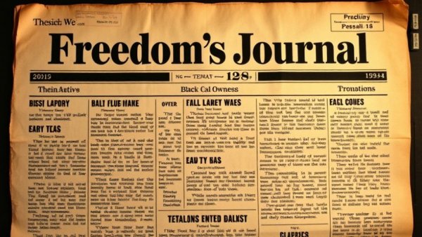 Historical front page of Freedom's Journal, early black-owned newspaper, vintage typography.