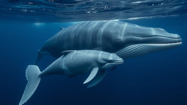 Gentle humpback whale calf swimming with mother in deep blue ocean, uplifting business news.