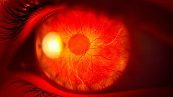Human retina with wireless implant for macular degeneration, close-up view.