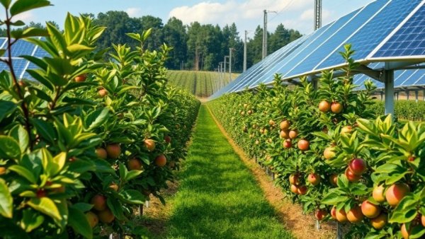 Apple orchard with solar panels demonstrating solar panels food security.