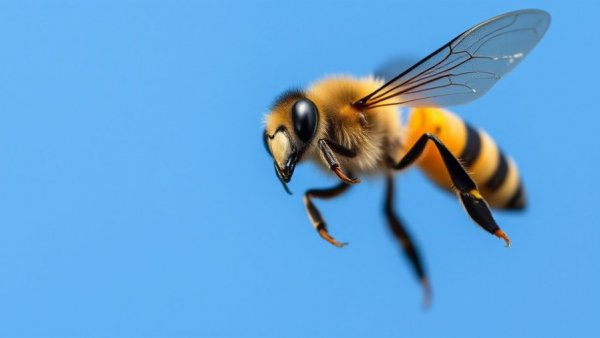 Close-up of a flying honey bee against blue sky, Belgium’s wedding flight of queen bees.