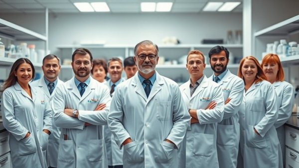 Scientists in lab coats researching engineered bacteria to consume tumors.