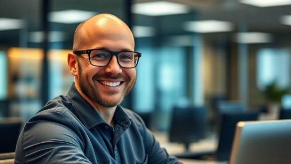 Bald man smiling in modern office environment, symbolizing 'approaching the AI beat with skepticism'.
