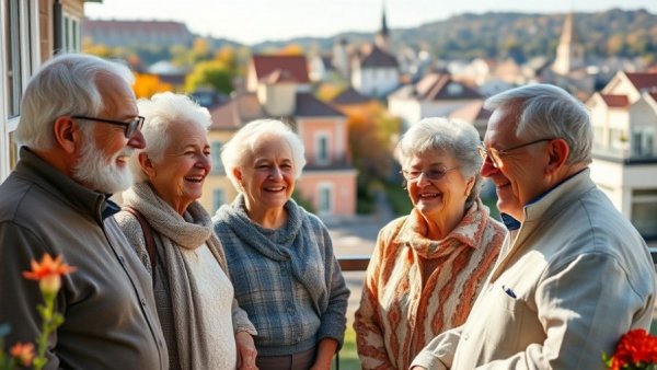 LGBTQIA+ senior living residence: Seniors laughing on a sunny balcony.