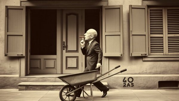 Surreal vintage photo: man with wheelbarrow, large head smoking a cigar, Good News for Entrepreneurs.