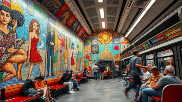 Vibrant mosaic artwork in Moldova's public station with people seated.