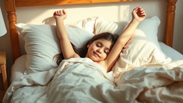 Young girl waking up, adjusting to daylight saving time, cozy bedroom.