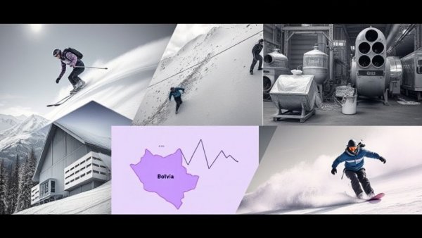 Diverse collage featuring skiing, Lupita Nyong'o with fruit, Bolivia map, industry, snowboarding.