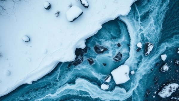 Aerial view of icy landscape with female face illusion near a river.