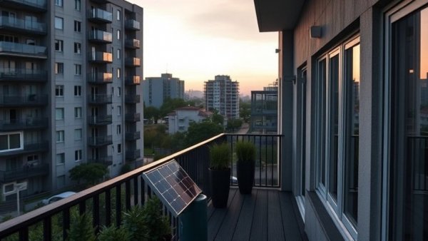 DIY balcony solar panels installed on urban apartment building.