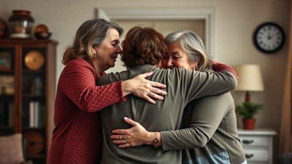 Heartwarming reunion of three women indoors in a heartfelt embrace.