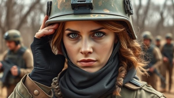 Female war journalist adjusts helmet among soldiers, soft daylight.