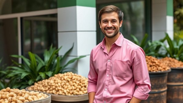Smiling man with wet cashews in containers promoting value-added products.