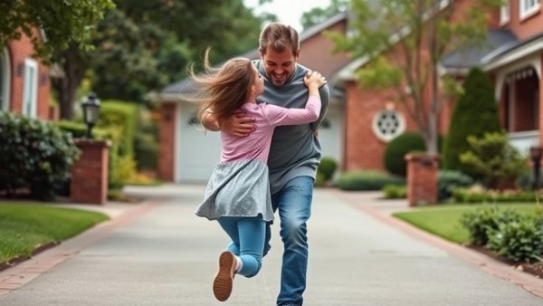 The Father’s House driveway reunion, girl running to father.