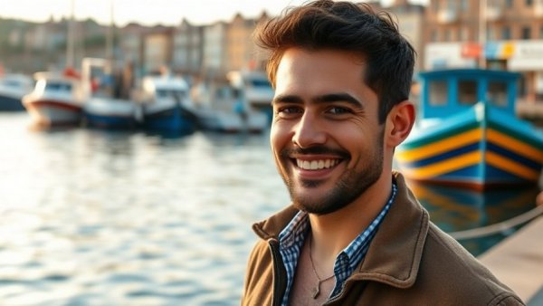 Man stands confidently near waterfront with boats in scenic harbor.