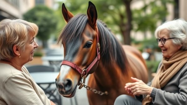 Mini therapy horse visiting seniors outdoors, promoting well-being.