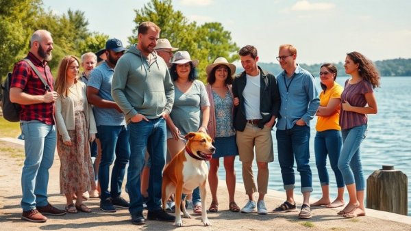 Man and group of people by lakeside with dog interaction.