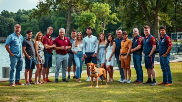 People gathered on grass by water with dog, dog's bark saves man's life.