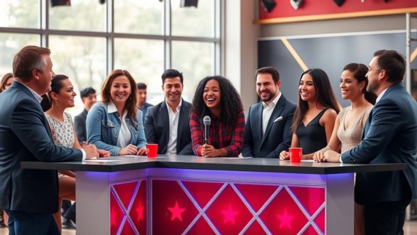 Judges interact warmly with contestants on a talent show panel, bright studio setting.