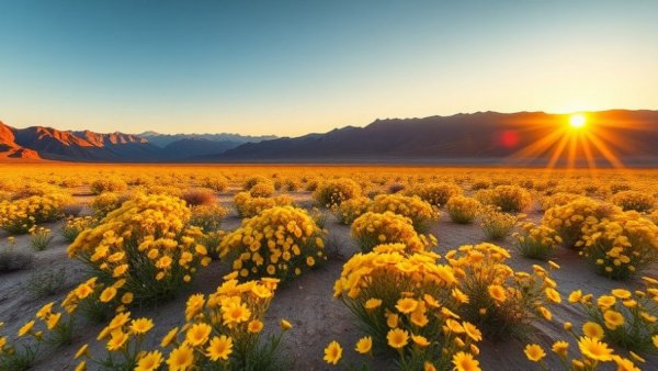Vibrant superbloom in Death Valley with yellow wildflowers.